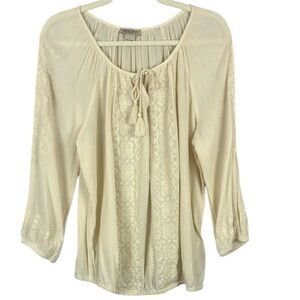 Lucky Brand Cream Tie Front Embroidered Detail Blouse Relaxed Fit Size Large